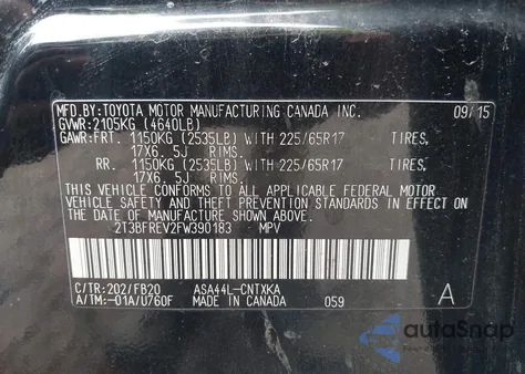 2015 Toyota Rav4 Le from USA, damaged, VIN 2T3BFREV2FW390183